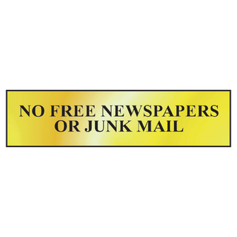 ASEC `No Free Newspapers or Junk Mail` 200mm x 50mm Metal Strip Self Adhesive Sign Gold