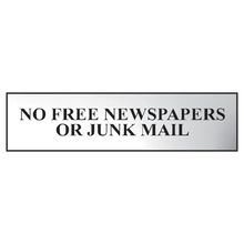 ASEC `No Free Newspapers or Junk Mail` 200mm x 50mm Metal Strip Self Adhesive Sign Chrome